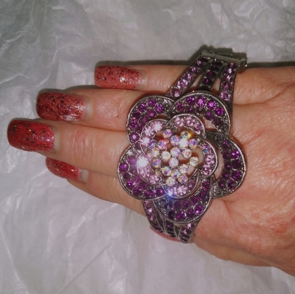 Purple Diamante Crystal Flower Cuff Bangle - Picture 5 of 13